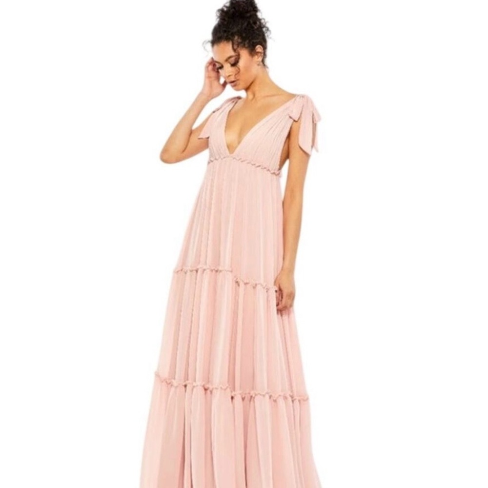 Mac Duggal 70188 Blush Chiffon Tie Shoulder Maxi Gown Size 0 NWT